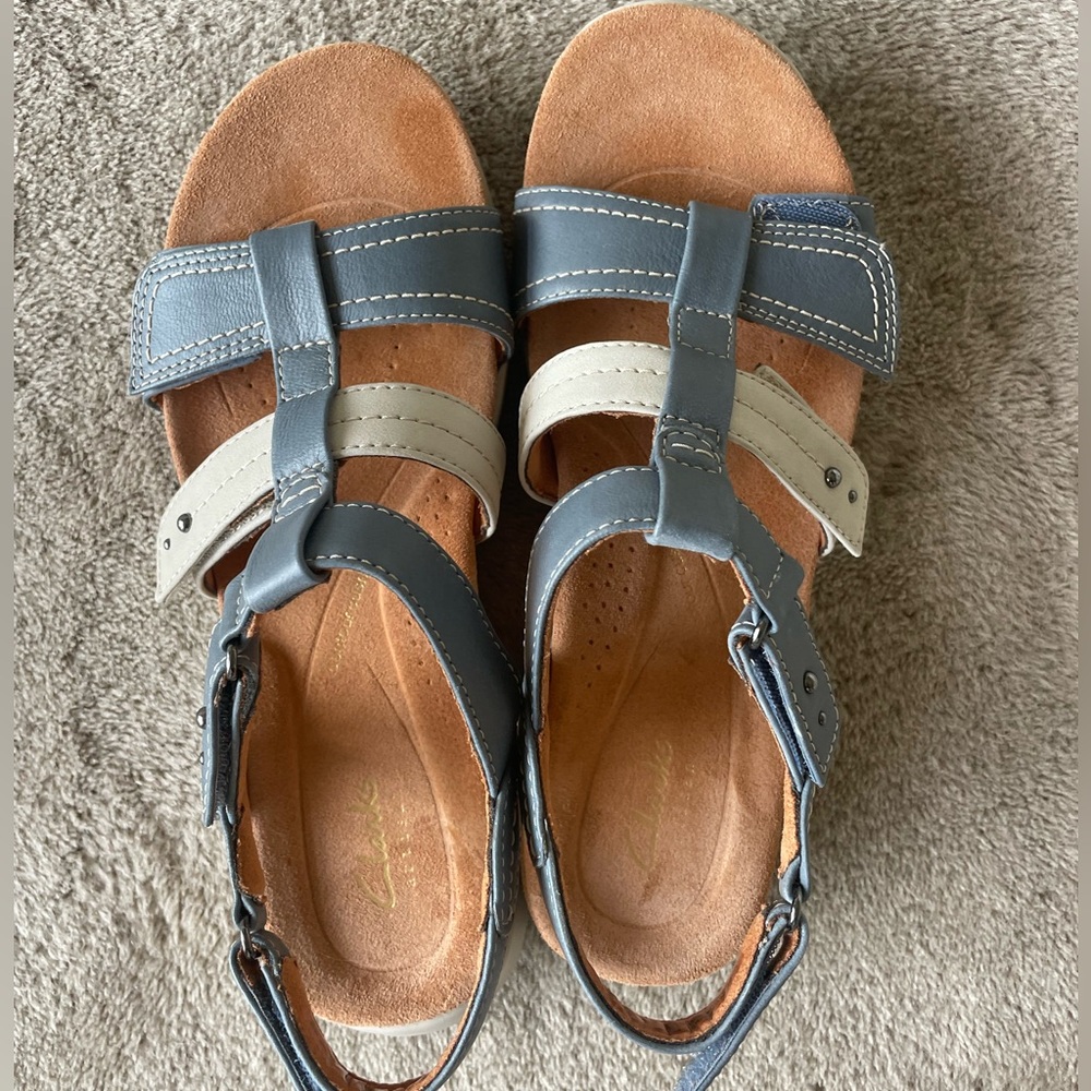 Leather Sandals in Blue and Cream Never Worn